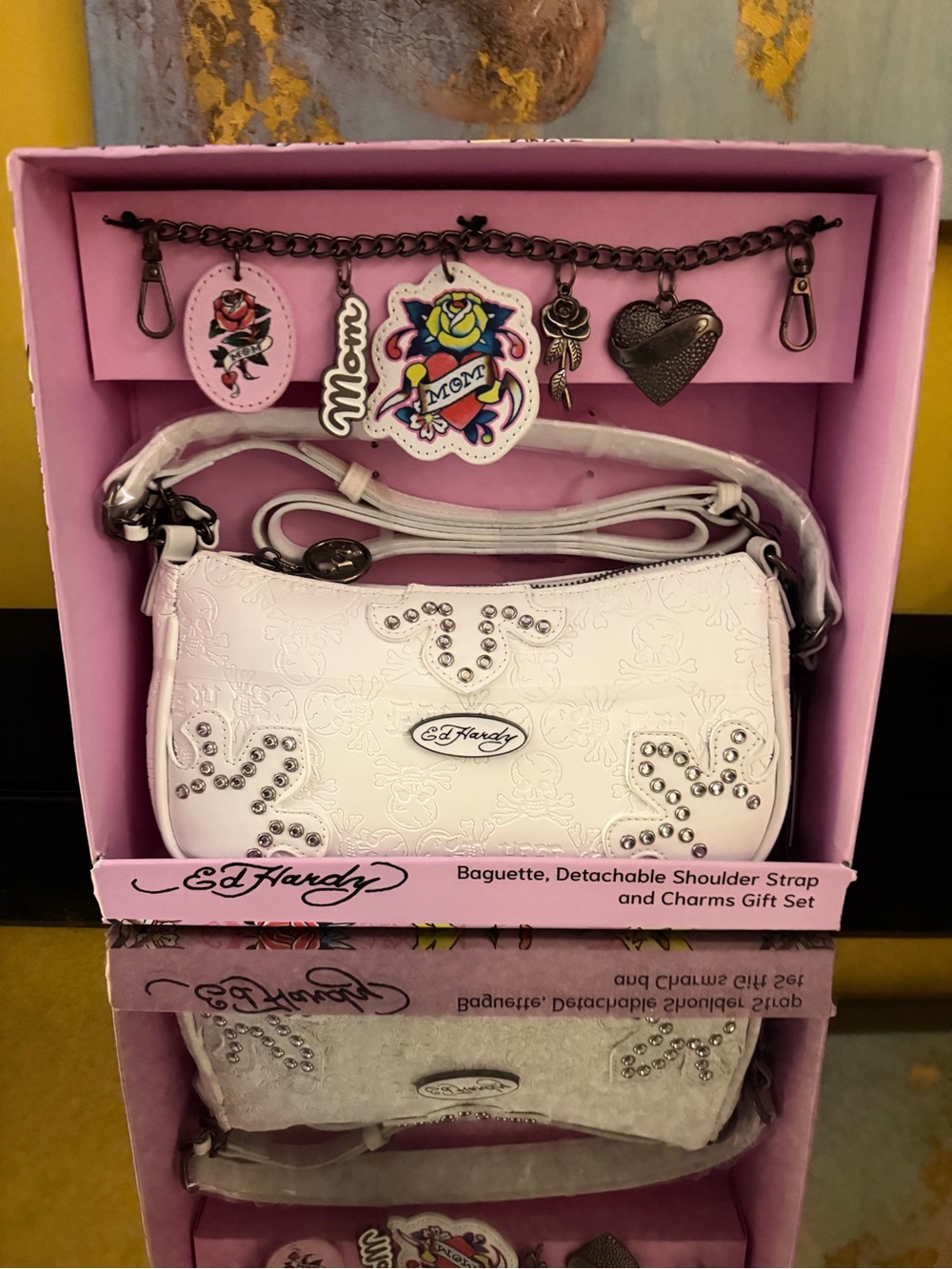 Ed Hardy White Embossed Shoulder Bag with Detachable Charm Chain